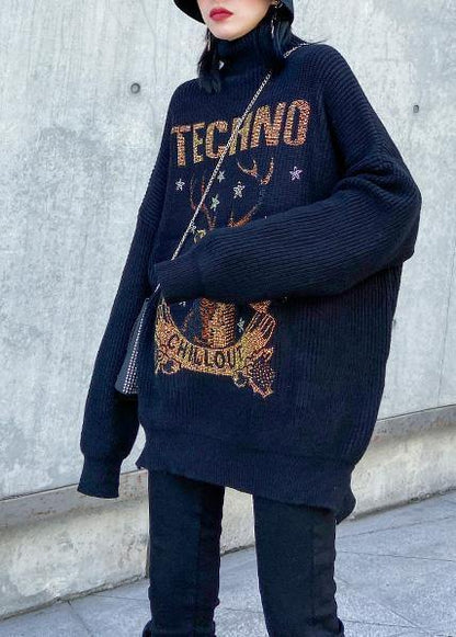 Oversized black knitted top side open plus size half high neck sweaters - SooLinen