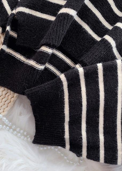 Oversized black striped knitted blouse plus size clothing o neck low high design knit tops - SooLinen