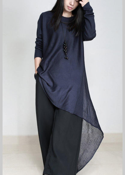 Oversized blue Sweater Wardrobes plus size asymmetric daily o neck sweater dress - SooLinen