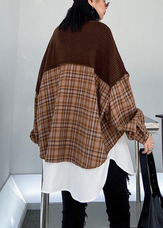 Oversized chocolate Sweater Blouse lapel patchwork plus size spring knit tops - SooLinen