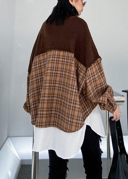 Oversized chocolate Sweater Blouse lapel patchwork plus size spring knit tops - SooLinen