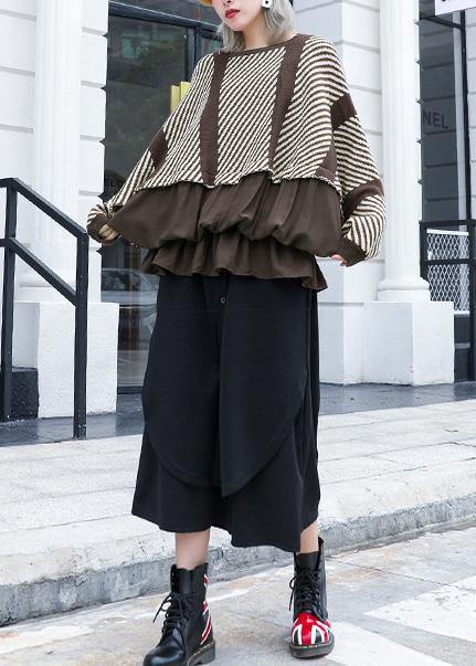 Oversized chocolate striped box top plus size clothing o neck ruffles patchwork knit sweat tops - SooLinen