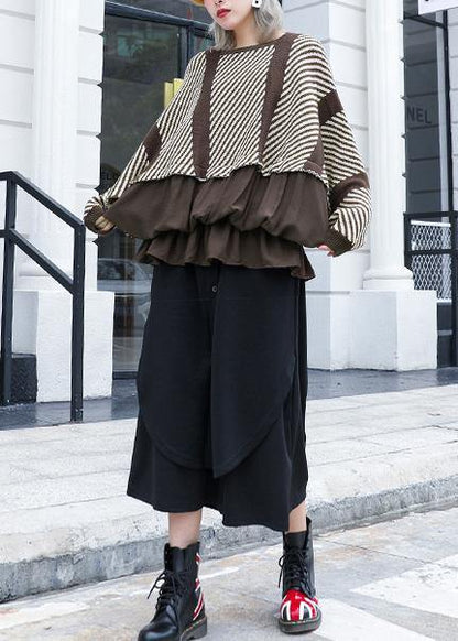 Oversized chocolate striped box top plus size clothing o neck ruffles patchwork knit sweat tops - SooLinen