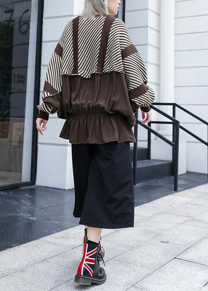 Oversized chocolate striped box top plus size clothing o neck ruffles patchwork knit sweat tops - SooLinen