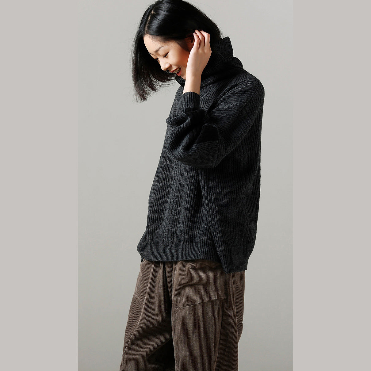 Übergroßer dunkelgrauer Pullover Largo Big Batwing Sleeve High Neck Strickoberteile