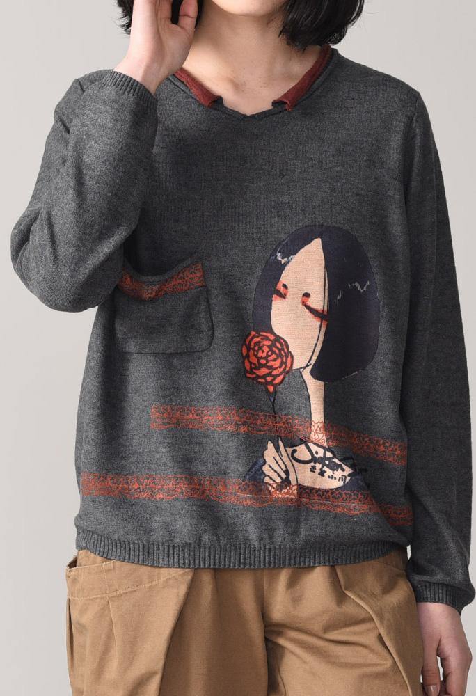 Oversized dark gray knit tops trendy plus size Cartoon print sweaters long sleeve - SooLinen