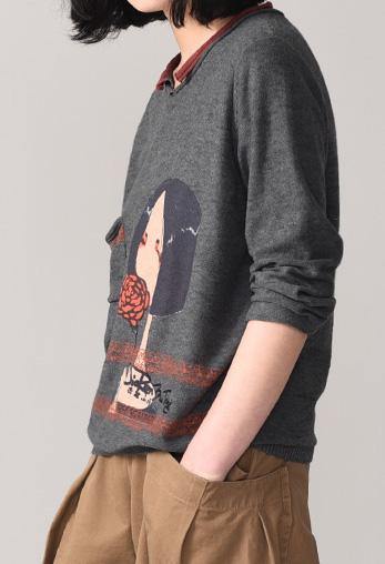 Oversized dark gray knit tops trendy plus size Cartoon print sweaters long sleeve - SooLinen