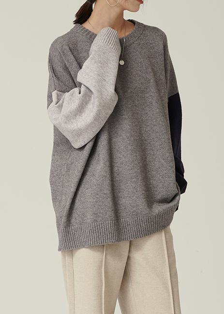 Oversized gray Sweater Blouse o neck patchwork oversized fall knitwear - SooLinen