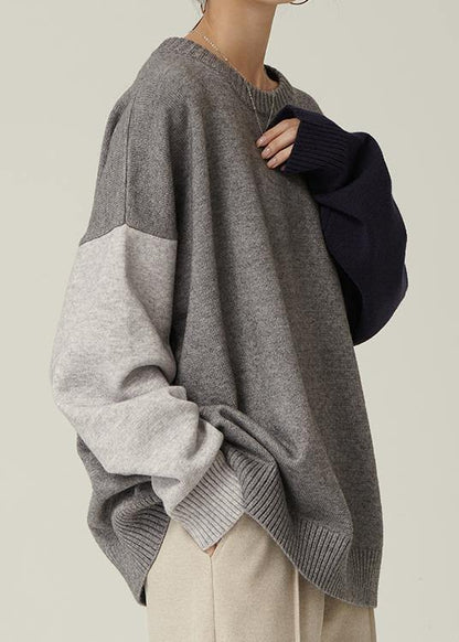 Oversized gray Sweater Blouse o neck patchwork oversized fall knitwear - SooLinen