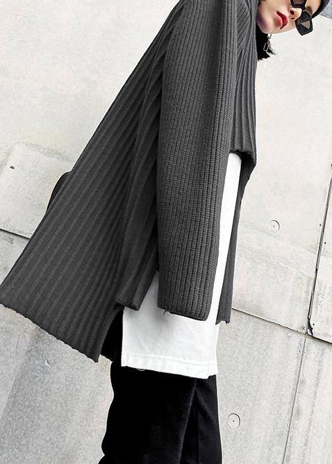 Oversized gray knit sweat tops fall fashion o neck false two pieces crane tops - SooLinen