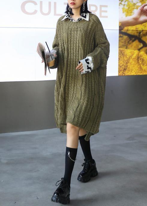 Oversized green Sweater dress Street Style o neck low high design Art knit dresses - SooLinen