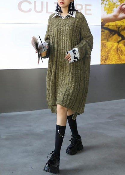 Oversized green Sweater dress Street Style o neck low high design Art knit dresses - SooLinen