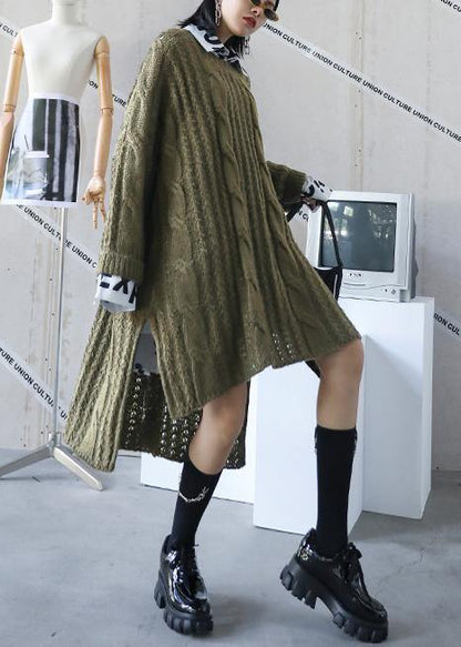 Oversized green Sweater dress Street Style o neck low high design Art knit dresses - SooLinen