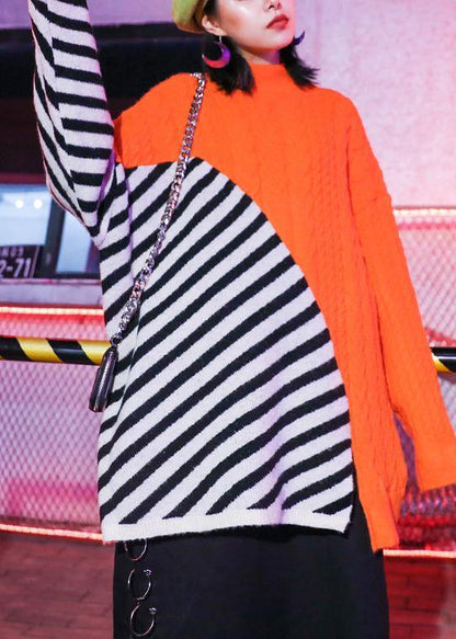 Oversized green patchwork striped knit sweat tops Loose fitting o neck Sweater Blouse - SooLinen