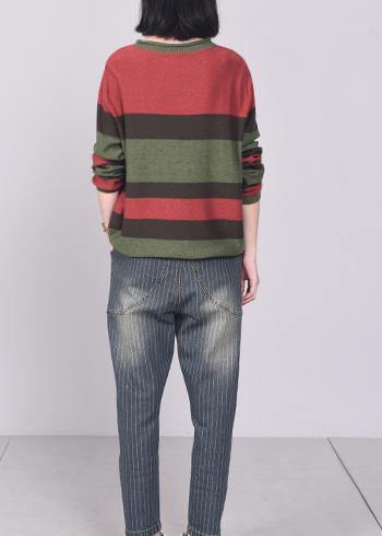 Oversized green striped knit tops plus size patchwork sweaters v neck - SooLinen