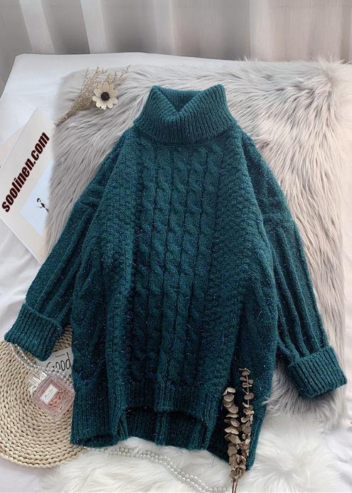 Oversized high neck  green knit tops plus size asymmetric hem crane tops - SooLinen