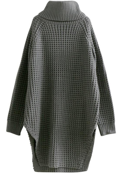 Oversized high neck side open Sweater Aesthetic Vintage gray daily knit dress - SooLinen