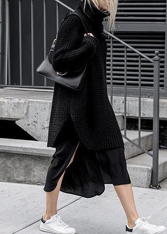 Oversized high neck side open Sweater Aesthetic Vintage gray daily knit dress - SooLinen