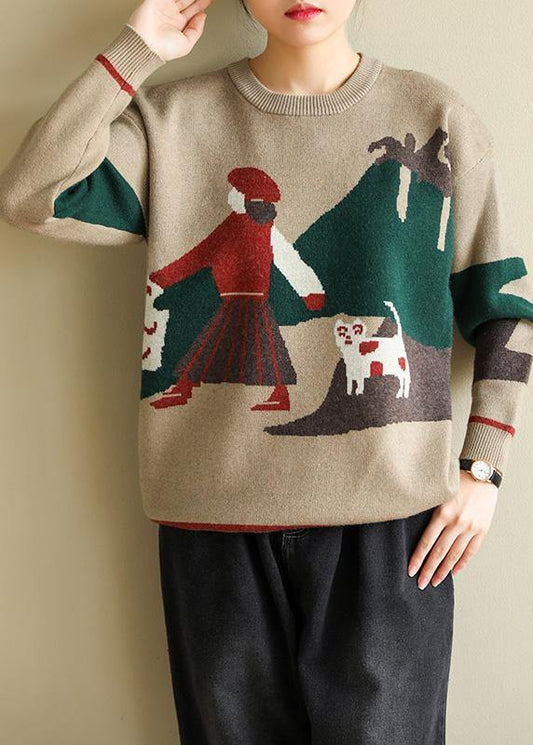 Oversized khaki knit blouse o neck trendy plus size prints knit sweat tops - SooLinen