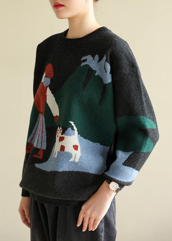 Oversized khaki knit blouse o neck trendy plus size prints knit sweat tops - SooLinen