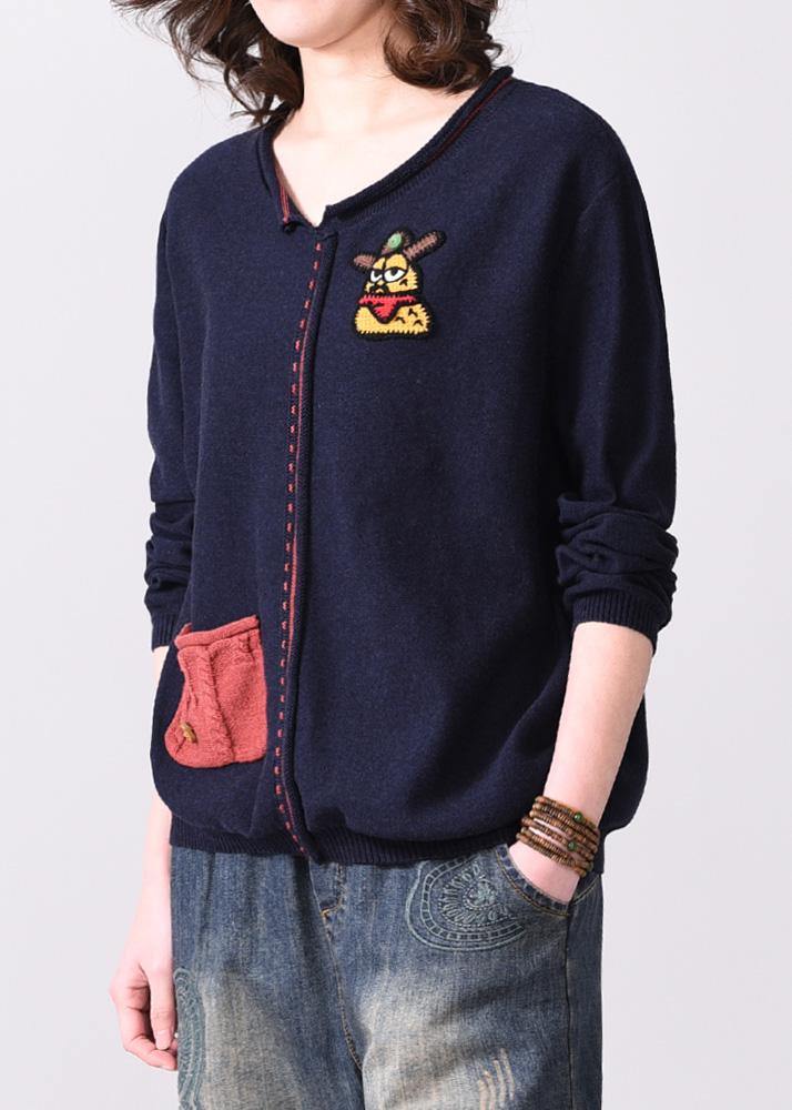 Oversized navy autumn sweater fall fashion v neck knit tops Appliques - SooLinen