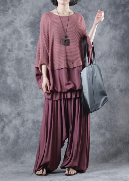 Oversized o neck red knit tops trendy plus size Batwing Sleeves tops - SooLinen