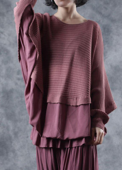 Oversized o neck red knit tops trendy plus size Batwing Sleeves tops - SooLinen