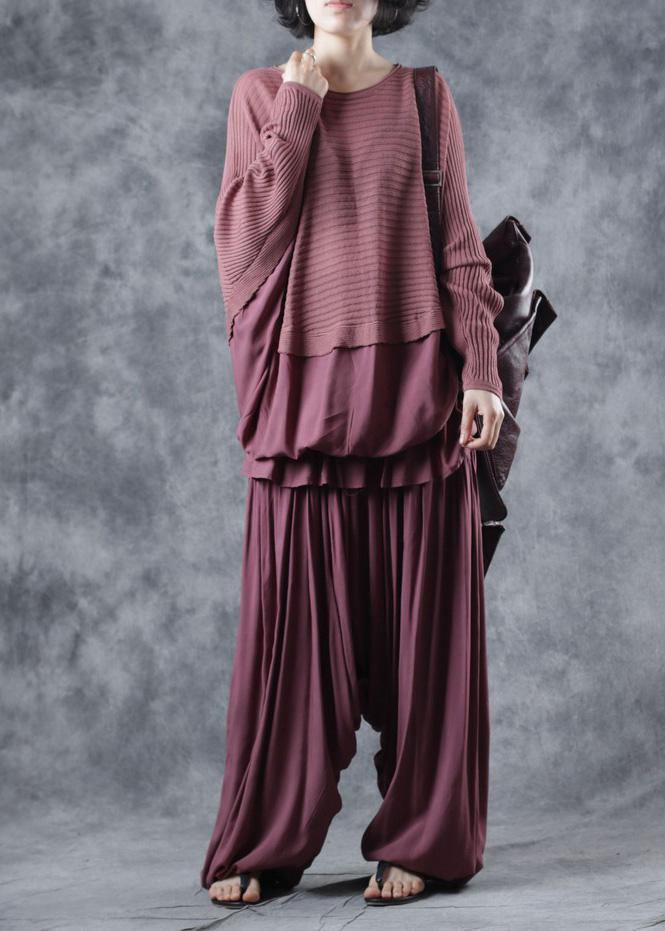 Oversized o neck red knit tops trendy plus size Batwing Sleeves tops - SooLinen