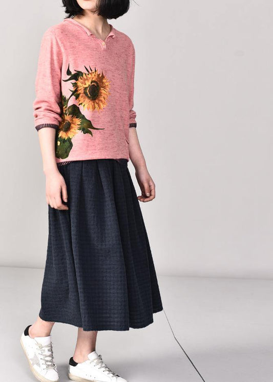 Oversized pink prints knitted t shirt fall fashion long sleeve knitwear v neck - SooLinen