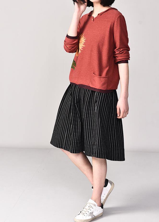 Oversized pink prints knitted t shirt fall fashion long sleeve knitwear v neck - SooLinen