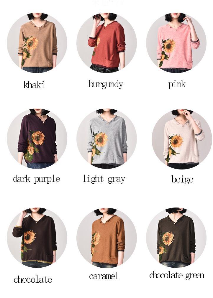 Oversized pink prints knitted t shirt fall fashion long sleeve knitwear v neck - SooLinen