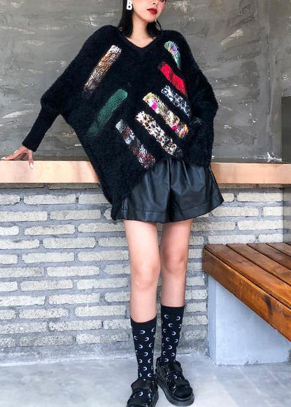 Oversized prints black knitted blouse oversize v neck knitted clothes - SooLinen