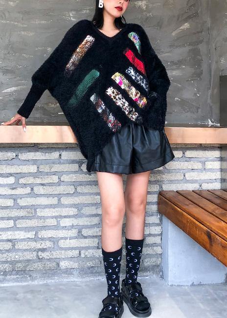 Oversized prints black knitted blouse oversize v neck knitted clothes - SooLinen