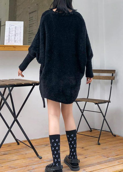 Oversized prints black knitted blouse oversize v neck knitted clothes - SooLinen