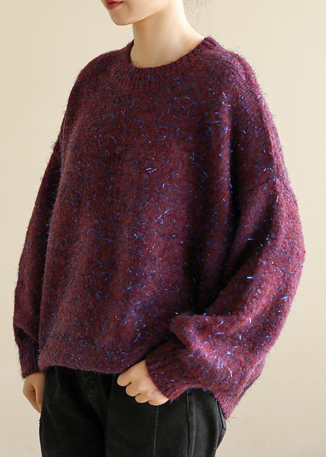 Oversized purple knit tops wild fall fashion o neck knitwear - SooLinen