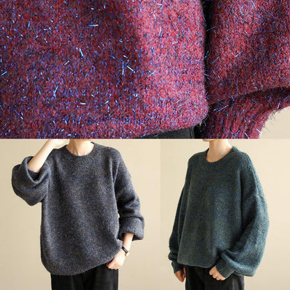 Oversized purple knit tops wild fall fashion o neck knitwear - SooLinen