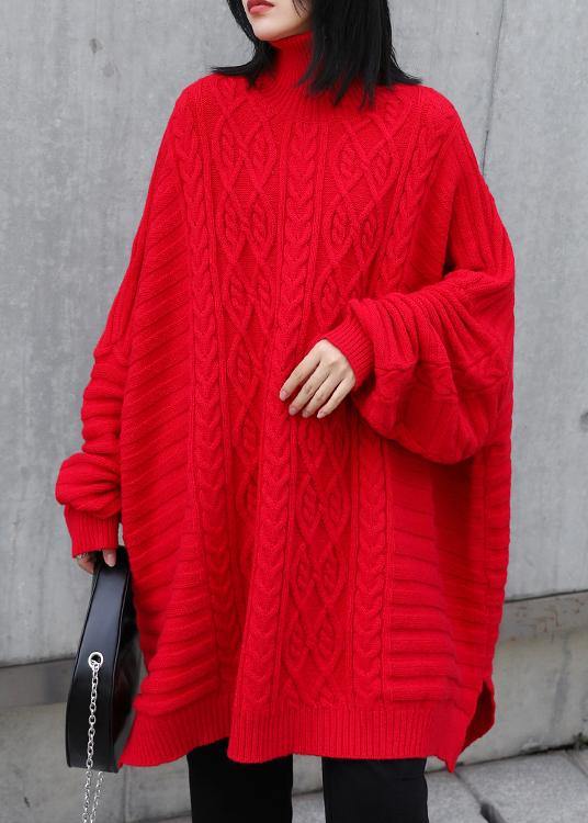 Oversized red Letter knitted t shirt high neck side open knitted blouse - SooLinen