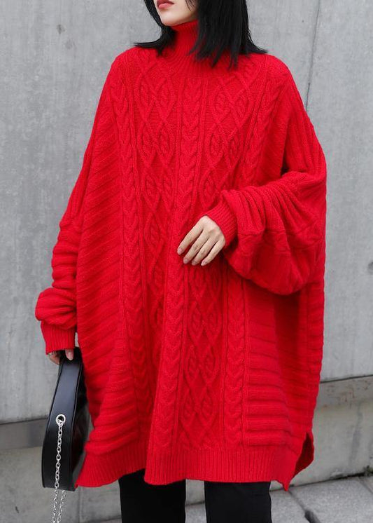 Oversized red Letter knitted t shirt high neck side open knitted blouse - SooLinen