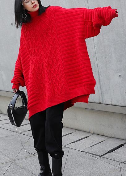 Oversized red Letter knitted t shirt high neck side open knitted blouse - SooLinen