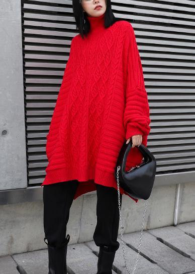 Oversized red Letter knitted t shirt high neck side open knitted blouse - SooLinen