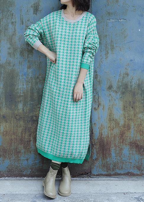 Oversized side open Sweater o neck Wardrobes Largo green plaid baggy knit dresses - SooLinen