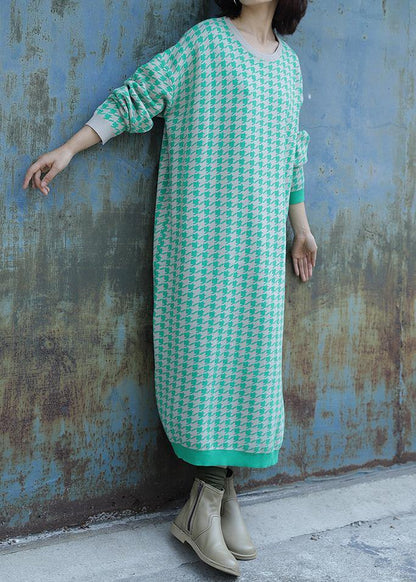 Oversized side open Sweater o neck Wardrobes Largo green plaid baggy knit dresses - SooLinen