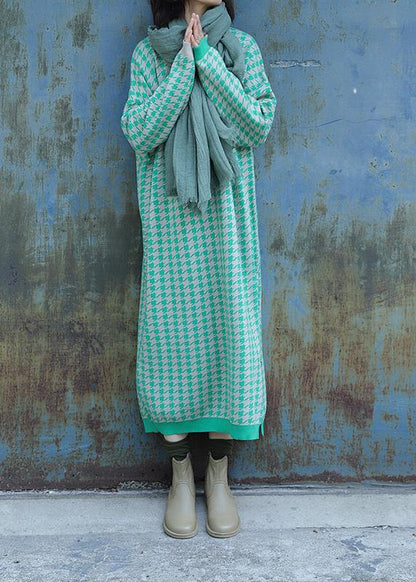 Oversized side open Sweater o neck Wardrobes Largo green plaid baggy knit dresses - SooLinen