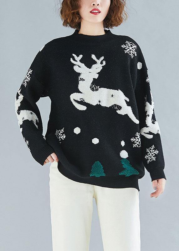 Oversized spring black embroidery knitted blouse Loose fitting o neck knitted clothes - SooLinen