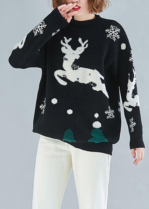 Oversized spring black embroidery knitted blouse Loose fitting o neck knitted clothes - SooLinen