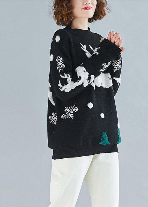 Oversized spring black embroidery knitted blouse Loose fitting o neck knitted clothes - SooLinen