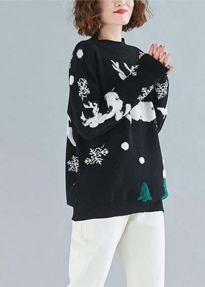 Oversized spring black embroidery knitted blouse Loose fitting o neck knitted clothes - SooLinen