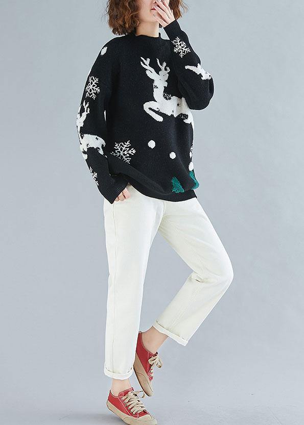 Oversized spring black embroidery knitted blouse Loose fitting o neck knitted clothes - SooLinen