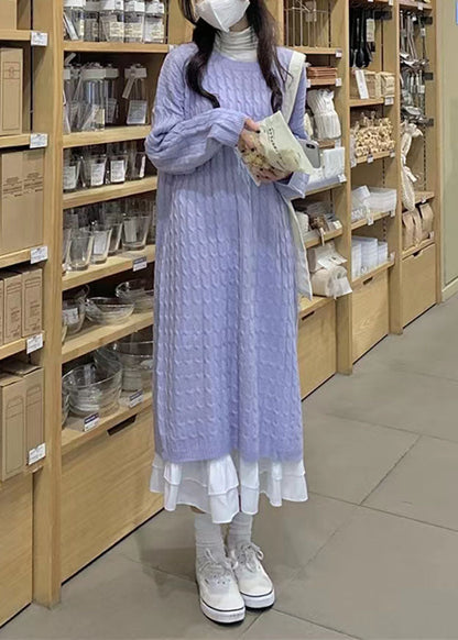 Übergroßes blaues Pullover-Weather Beautiful Mujer O-Ausschnitt-Strickkleid