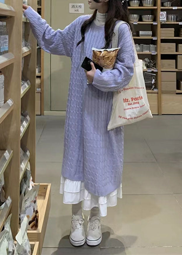 Übergroßes blaues Pullover-Weather Beautiful Mujer O-Ausschnitt-Strickkleid